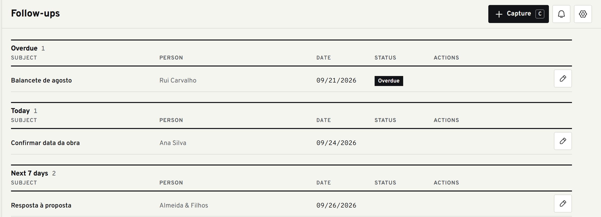 Follow-ups grouped as Overdue, Today, Next 7 days, Later and Recently closed, each with subject, person and date.