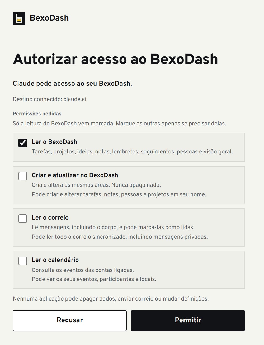 Ecrã de autorização do MCP: o Claude pede acesso; só a leitura vem marcada, e nenhuma aplicação pode apagar dados, enviar correio ou mudar definições.